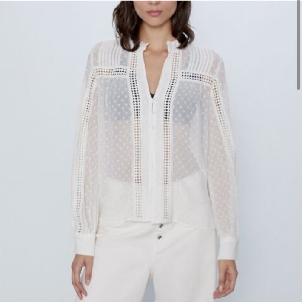 Zara Swiss dot blouse with velvet detail White NWT